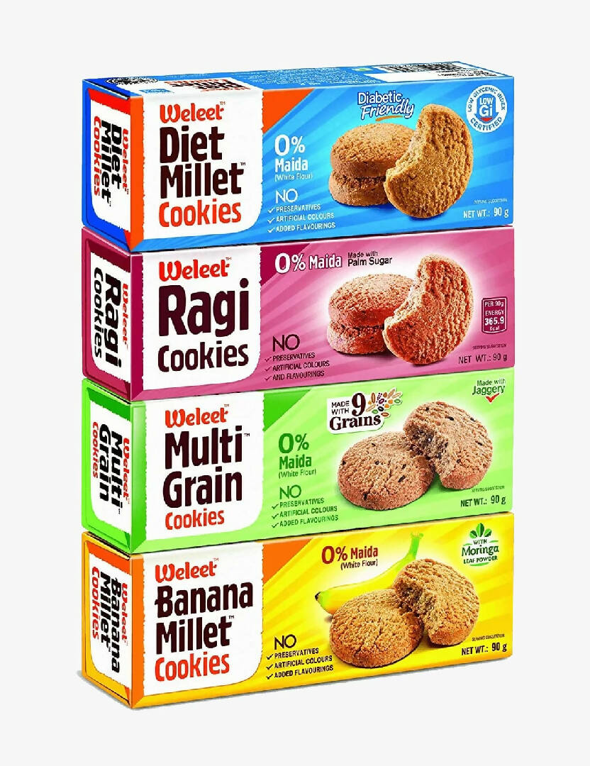 Weleet® Assorted Pack of Multi Grain, Millet, Ragi & Banana Millet Digestive Cookies | Home/Office Snack | Free of White Sugar & White Flour | 100 % Natural & Healthy (4 Flavours-360 gm)