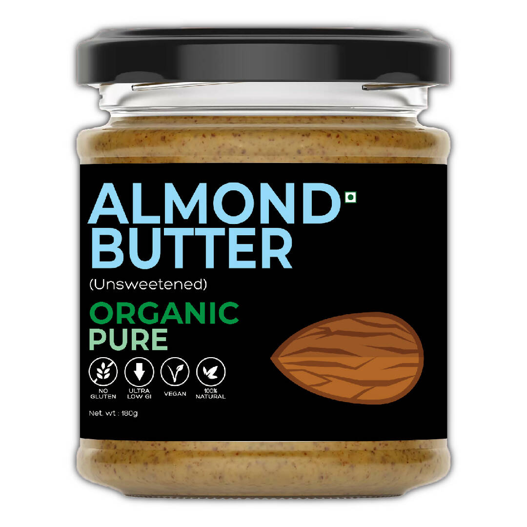 Organic Almond Butter (Unsweetened) (Sugar-Free, USDA Organic, Gluten-Free, Low Carb, Ultra Low GI, Vegan, Diabetes & Keto Friendly) - 180g