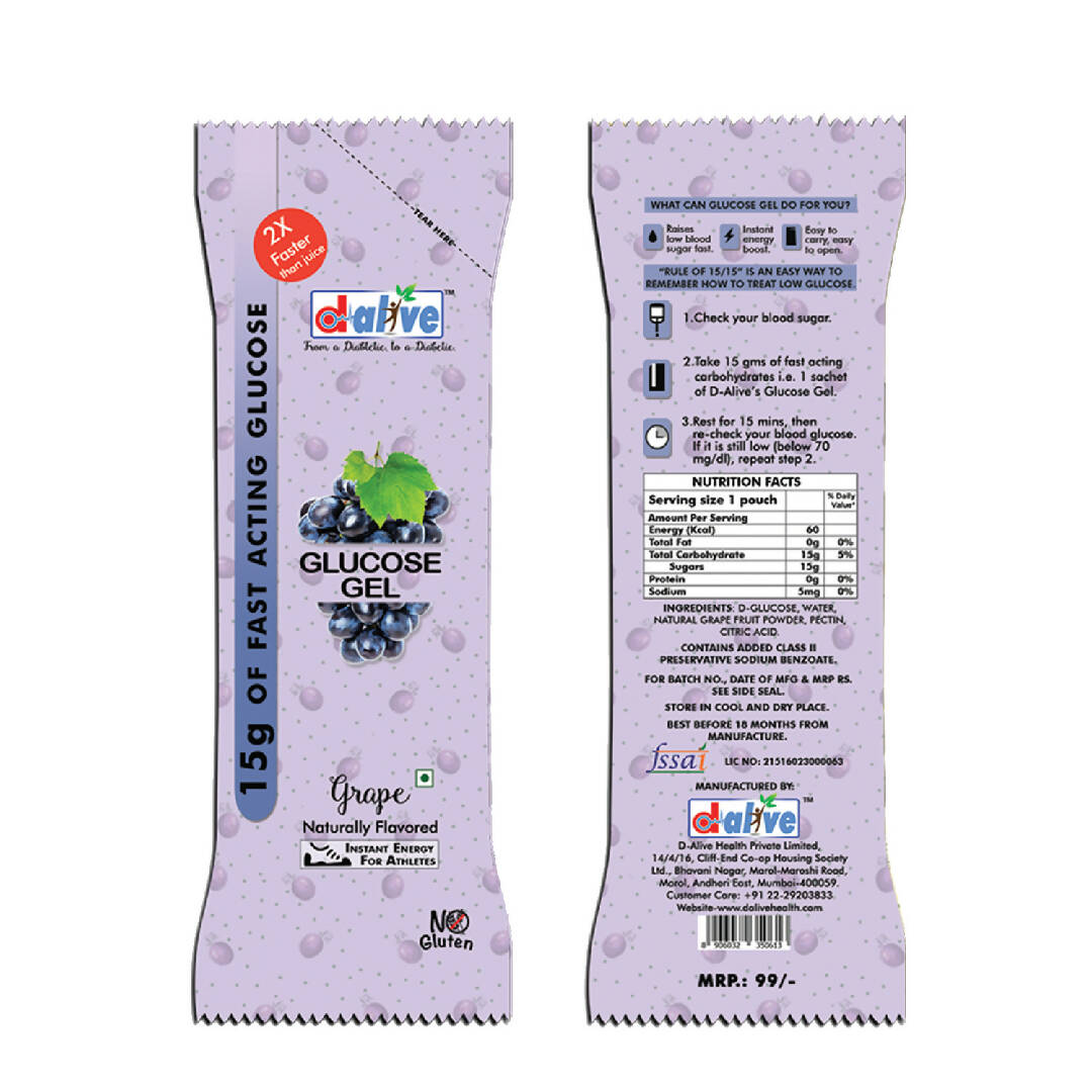 D-Alive 15g of Fast Acting Glucose Gel for Hypoglycaemia - Instant Energy (Grape - Total 3 Pocket Size Sachet: 15g Each)