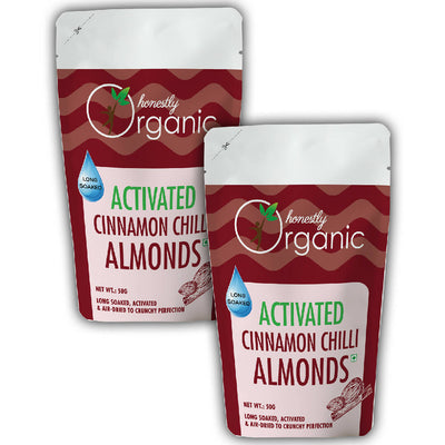 Activated/Sprouted Cinnamon Chilli Almonds (100% Natural & Fresh, Long Soaked & Air Dried to Crunchy Perfection) - 50g (Pack of 2)