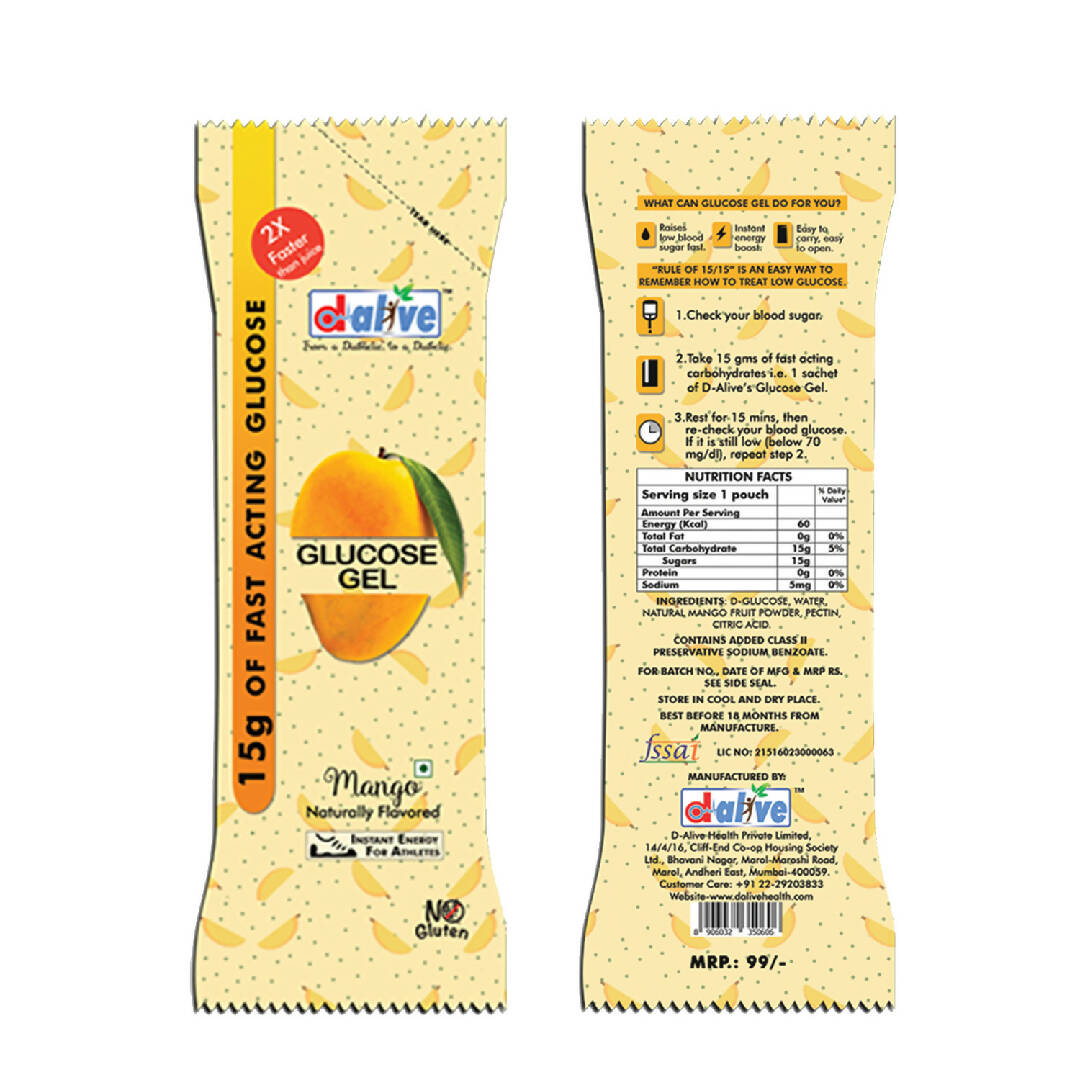D-Alive 15g of Fast Acting Glucose Gel for treating Hypoglycaemia - Instant Energy (Mango - Total 3 Pocket Size Sachet: 15g Each)