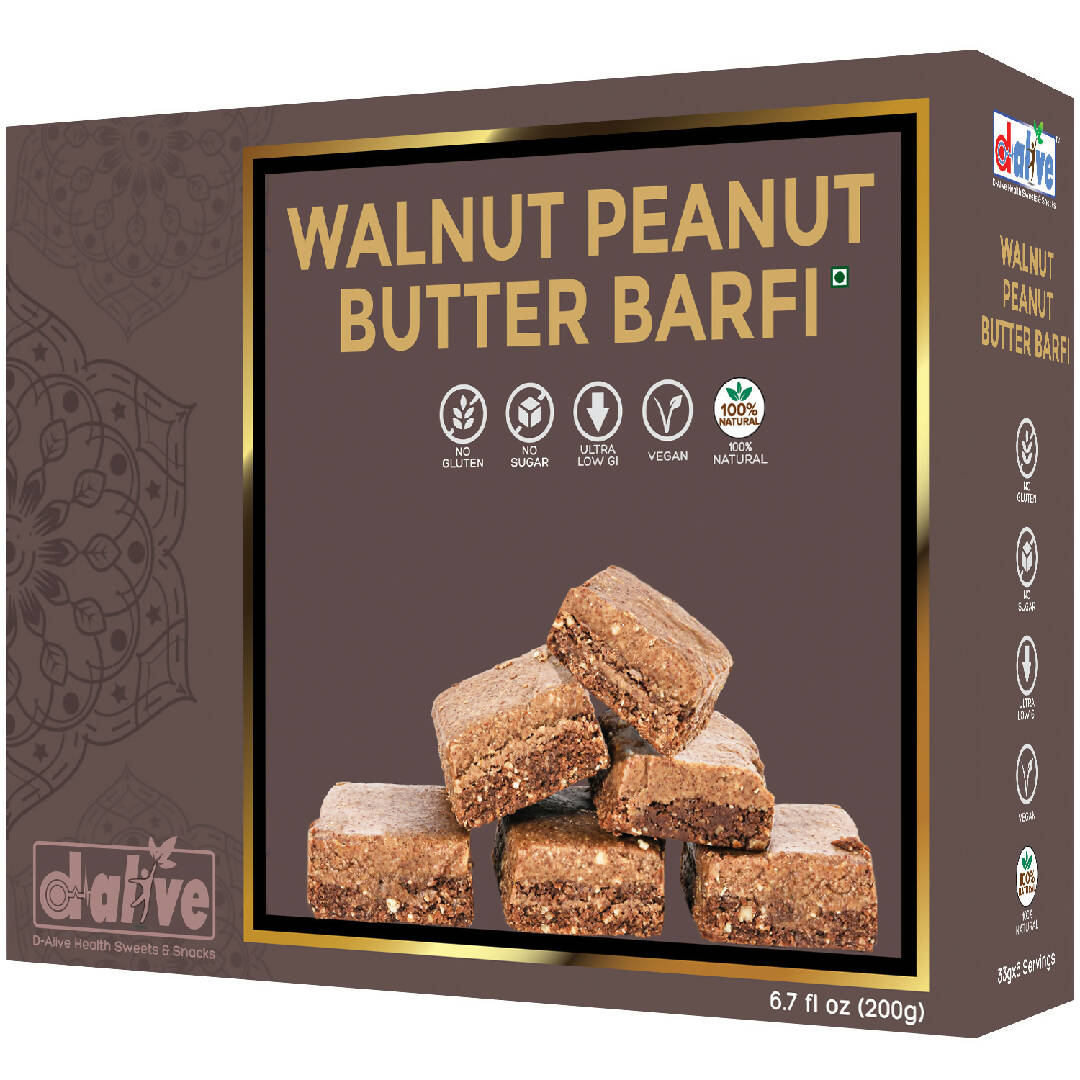 Walnut Peanut Butter Barfi (Indian Sweets, Mithai) - 200g (Organic Certified, Gluten-Free, Vegan, Natural Sweeteners, Guilt-Free Binge, No Refined Sugars & No Artificial Sweeteners, Non-GMO, No Preservatives, No Trans Fat, No Additives, Low Carb & High Pr
